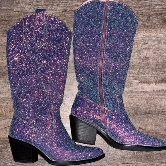 MARDI GRAS Southern Fried Chics - High Vibin' Glitter Me Purple Boots - Size 8 - Picture 4 of 4